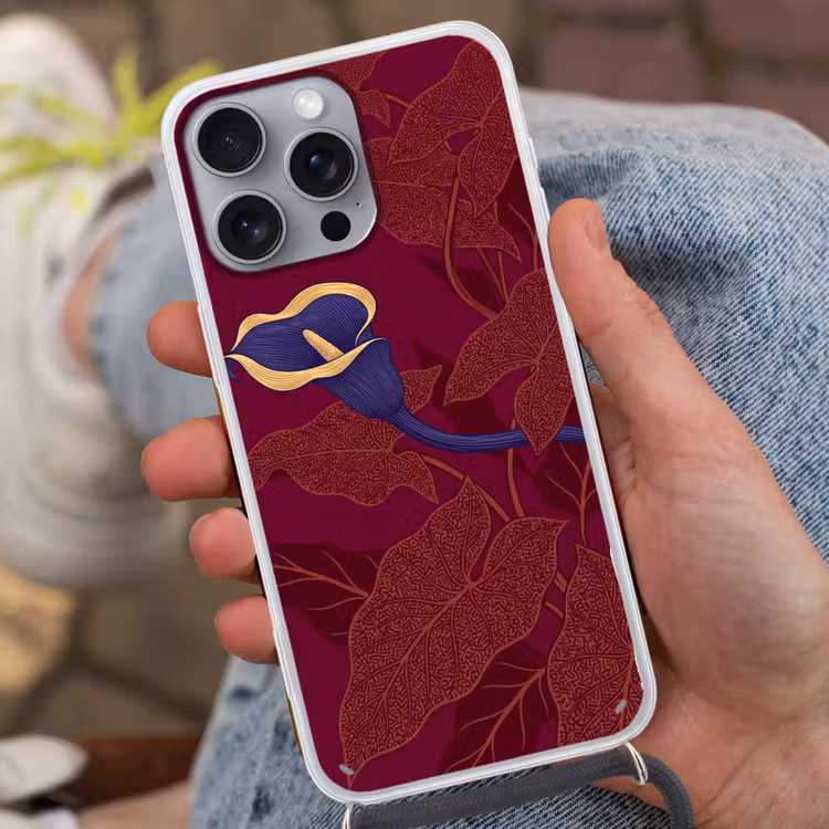 Telefoonhoesje met koord - Bloemen - Modern - Paars - Bloemen - Modern - Paars Hoesje iPhone 16 Pro Max met koord klein