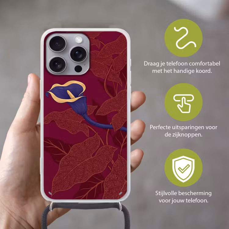 Telefoonhoesje met koord - Bloemen - Modern - Paars - Bloemen - Modern - Paars Hoesje iPhone 16 Pro Max met koord klein