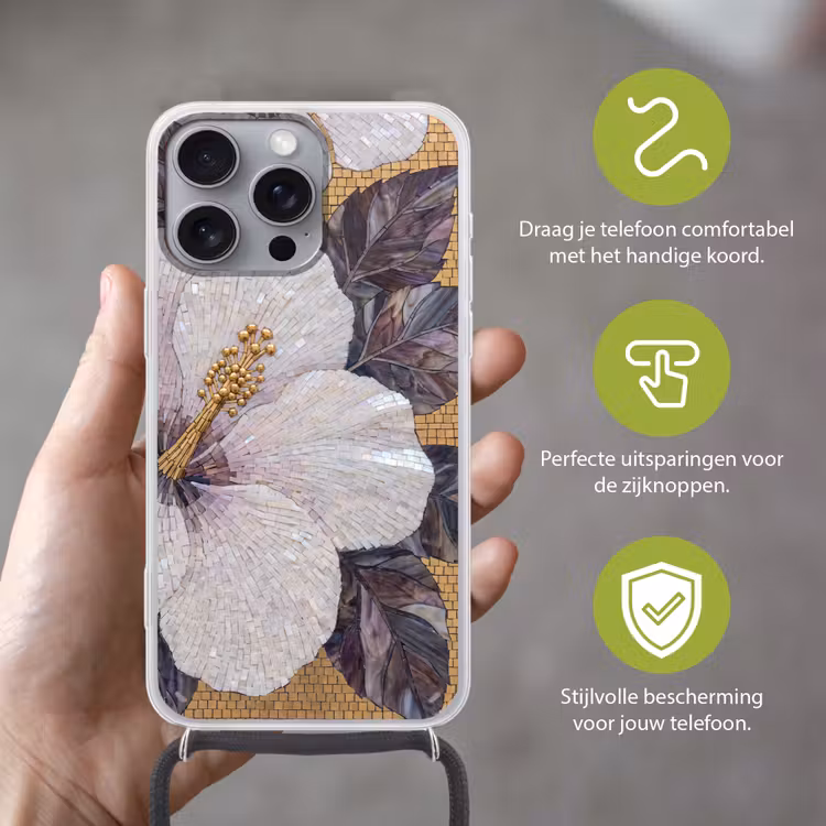 Bloemen - Mozaïek - Kunst - Modern - Goud Hoesje iPhone 16 Pro Max met koord klein -sfeer2_NL
