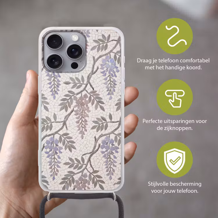 Bloemen - Mozaïek - Natuur - Patroon - Paars Hoesje iPhone 16 Pro Max met koord klein -sfeer2_NL