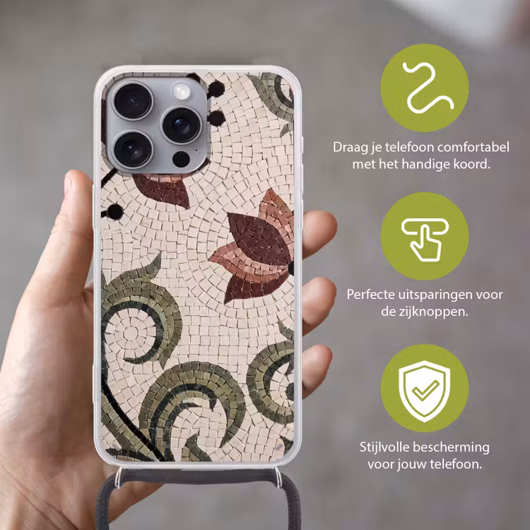 Bloemen - Mozaïek - Patroon - Abstract - Groen Hoesje iPhone 16 Pro Max met koord klein -sfeer2_NL