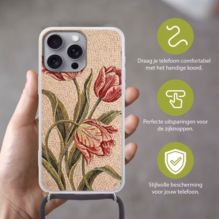Bloemen - Mozaïek - Rood - Groen - Kunst Hoesje iPhone 16 Pro Max met koord klein -sfeer2_NL