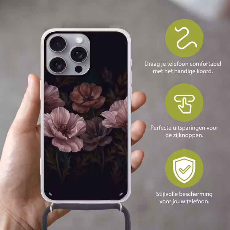 Bloemen - Natuur - Roze - Donker - Modern Hoesje iPhone 16 Pro Max met koord klein -sfeer2_NL