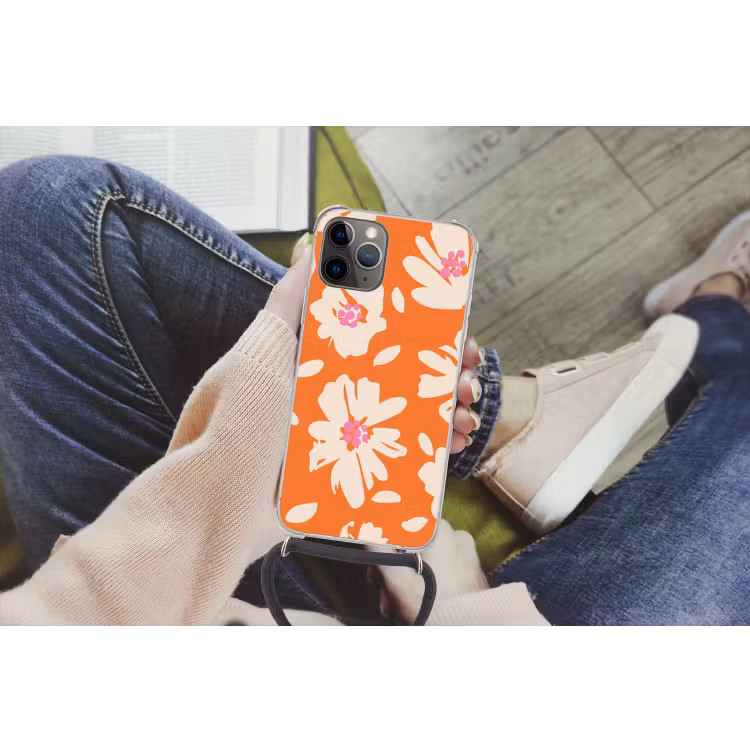Bloemen - Oranje - Beige - Roze - Abstract Hoesje iPhone 12 Pro met koord klein -hand