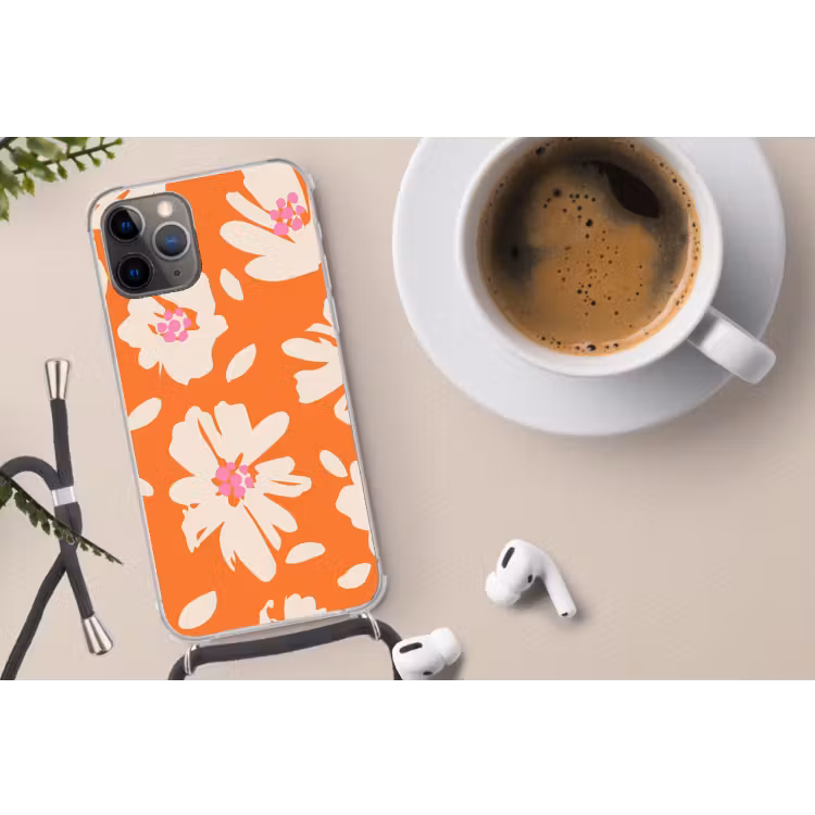 Bloemen - Oranje - Beige - Roze - Abstract Hoesje iPhone 12 Pro met koord klein -oordop