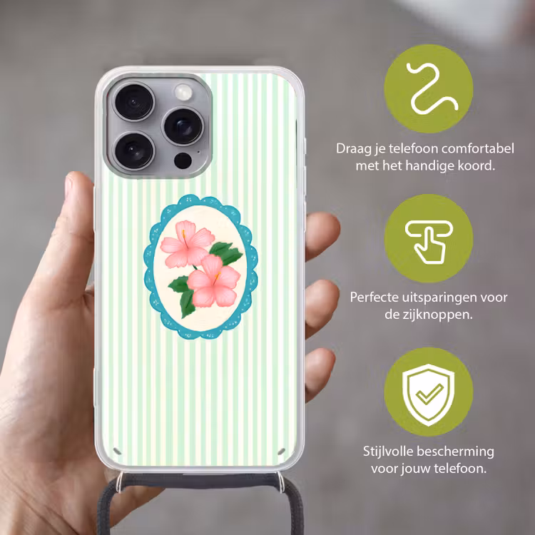 Bloemen - Ovaal - Strepen - Groen Hoesje iPhone 16 Pro Max met koord klein -sfeer2_NL