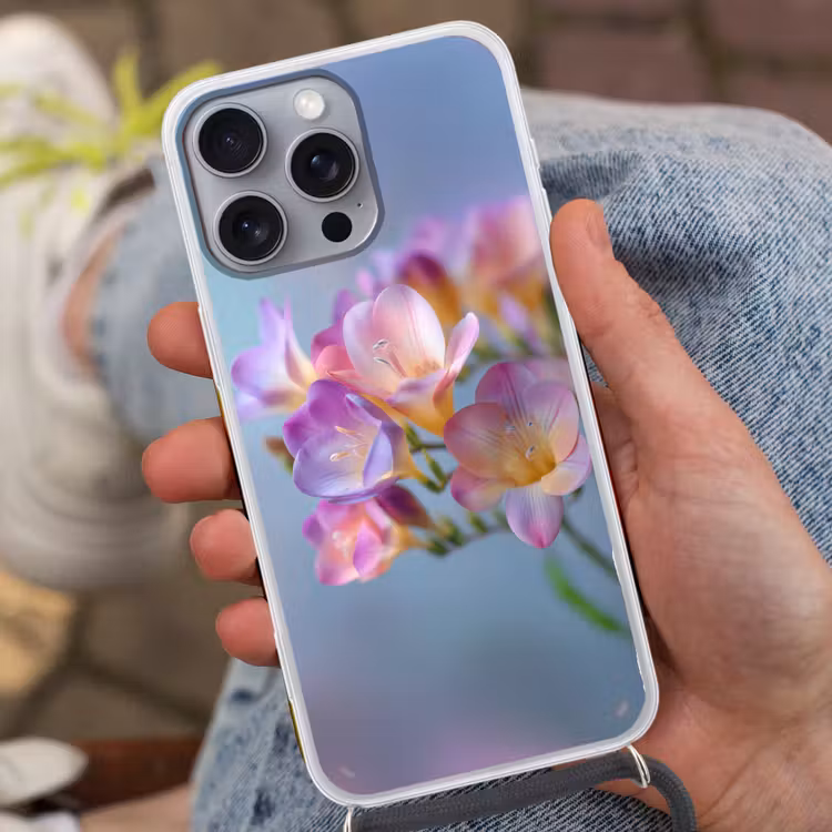 Bloemen - Paars - Overloop - Meeldraden Hoesje iPhone 16 Pro Max met koord klein -sfeer3