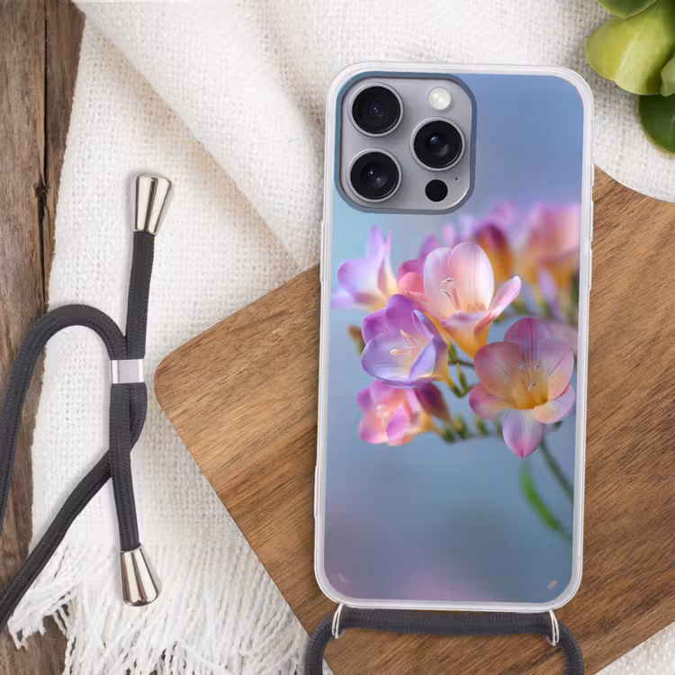 Bloemen - Paars - Overloop - Meeldraden Hoesje iPhone 16 Pro Max met koord klein -sfeer4