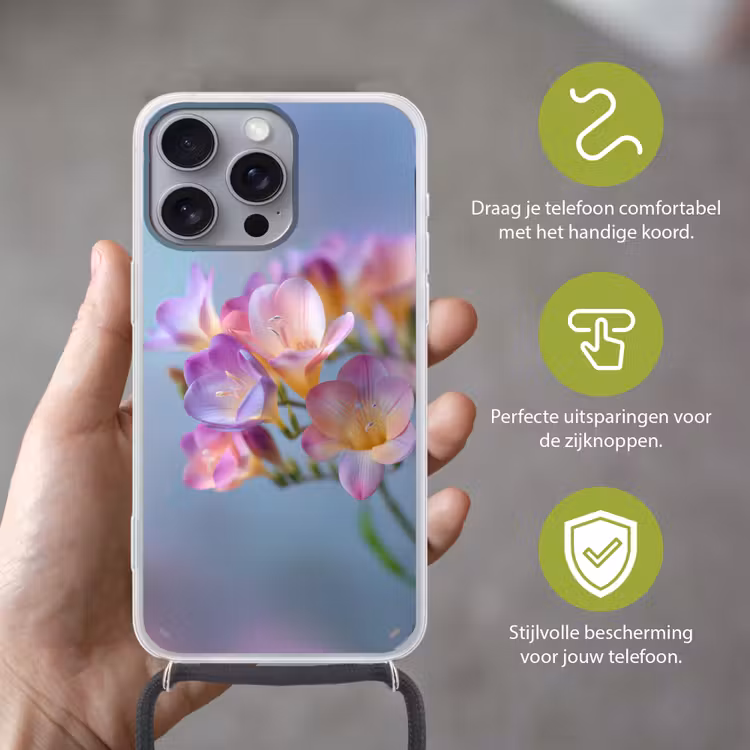 Bloemen - Paars - Overloop - Meeldraden Hoesje iPhone 16 Pro Max met koord klein -sfeer2_NL