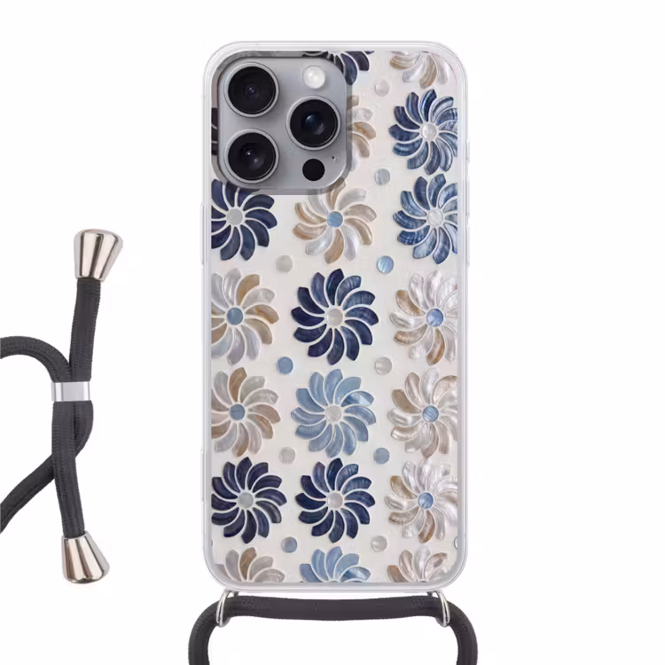 Bloemen - Parelmoer - Abstract - Patroon - Blauw Hoesje iPhone 16 Pro Max met koord klein -3d