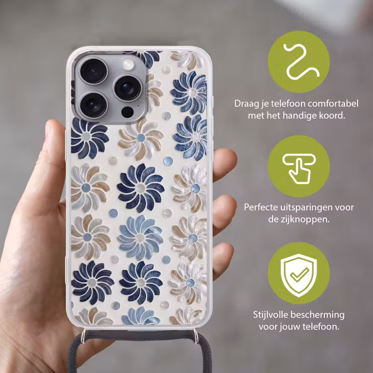 Bloemen - Parelmoer - Abstract - Patroon - Blauw Hoesje iPhone 16 Pro Max met koord klein -sfeer2_NL