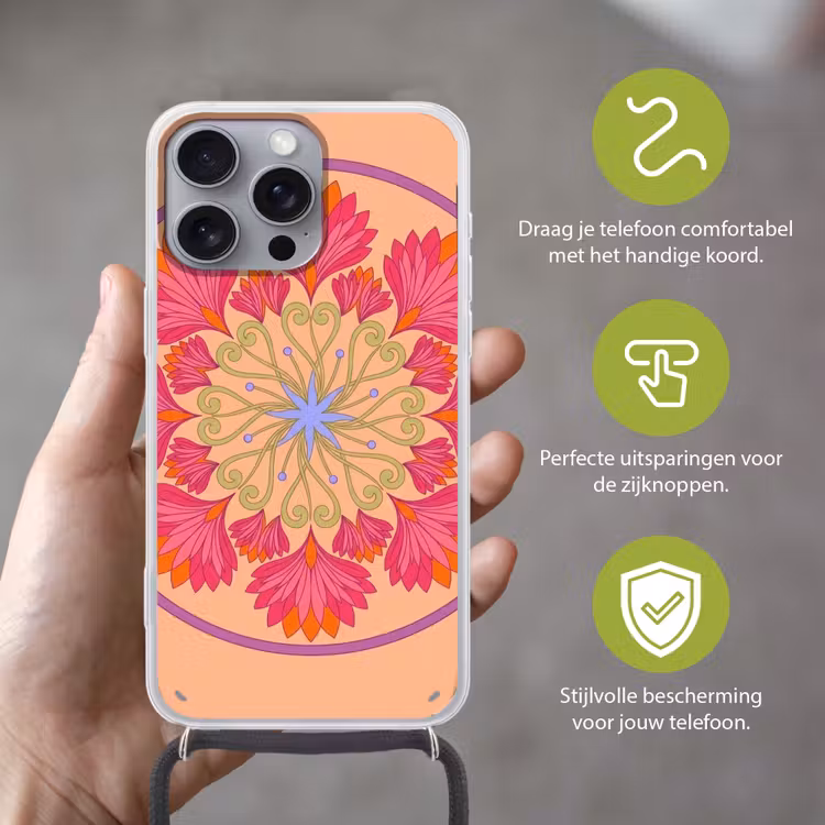 Bloemen - Patroon - Abstract - Roze - Decoratief Hoesje iPhone 16 Pro Max met koord klein -sfeer2_NL