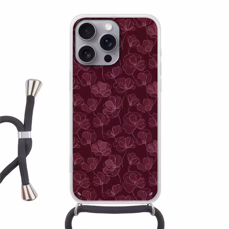 Bloemen - Patroon - Bordeauxrood Hoesje iPhone 16 Pro Max met koord klein 804 -3d