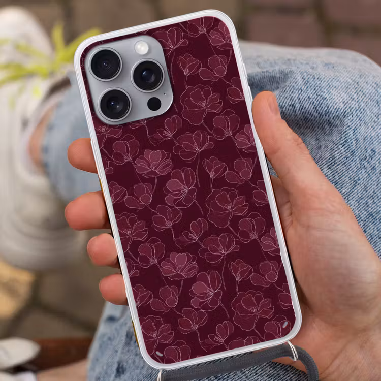 Bloemen - Patroon - Bordeauxrood Hoesje iPhone 16 Pro Max met koord klein 804 -sfeer3