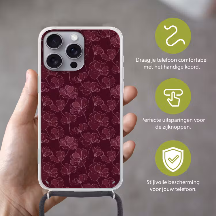 Bloemen - Patroon - Bordeauxrood Hoesje iPhone 16 Pro Max met koord klein 804 -sfeer2_NL
