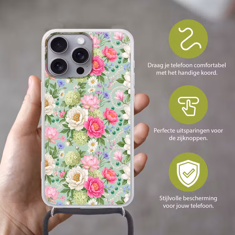 Bloemen - Patroon - Botanisch - Groen Hoesje iPhone 16 Pro Max met koord klein -sfeer2_NL