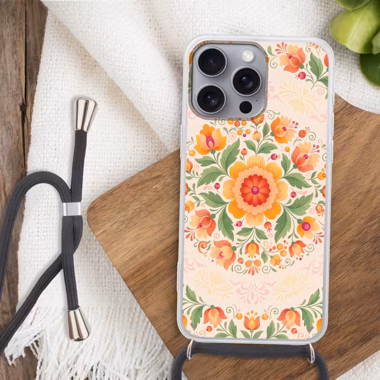 Bloemen - Patroon - Decoratief - Oranje Hoesje iPhone 16 Pro Max met koord klein -sfeer4