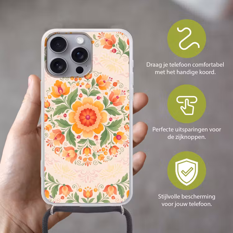 Bloemen - Patroon - Decoratief - Oranje Hoesje iPhone 16 Pro Max met koord klein -sfeer2_NL