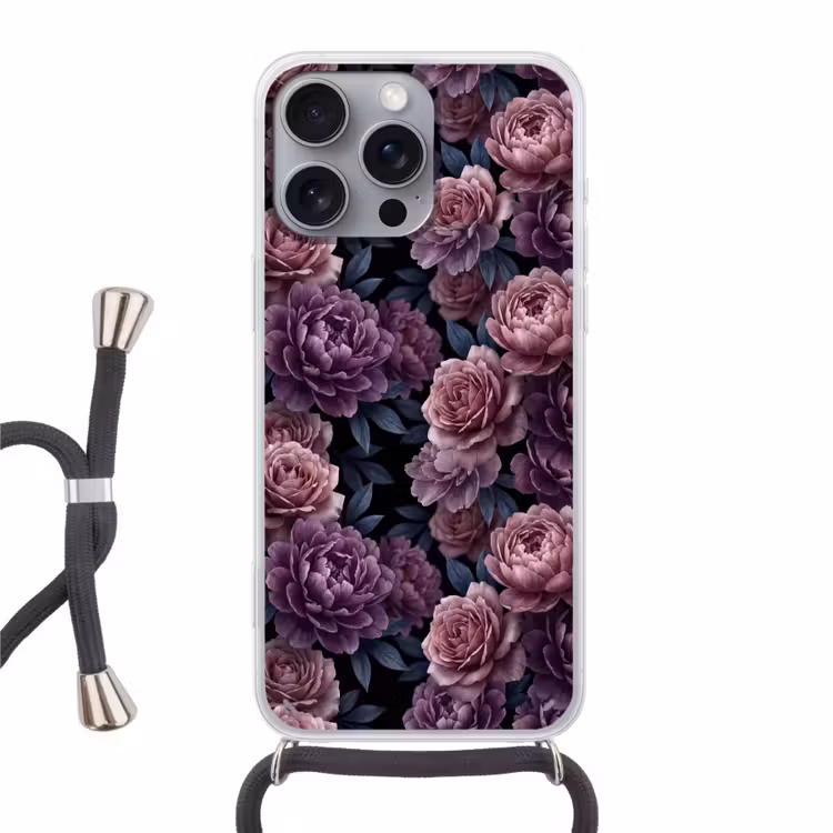 Bloemen - Patroon - Donker - Botanisch - Paars Hoesje iPhone 16 Pro Max met koord klein -3d