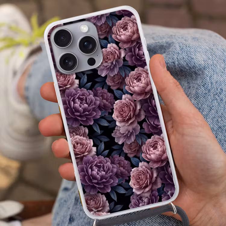 Bloemen - Patroon - Donker - Botanisch - Paars Hoesje iPhone 16 Pro Max met koord klein -sfeer3
