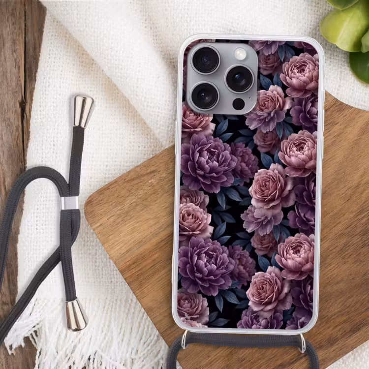 Bloemen - Patroon - Donker - Botanisch - Paars Hoesje iPhone 16 Pro Max met koord klein -sfeer4