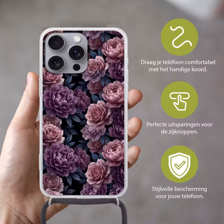 Bloemen - Patroon - Donker - Botanisch - Paars Hoesje iPhone 16 Pro Max met koord klein -sfeer2_NL