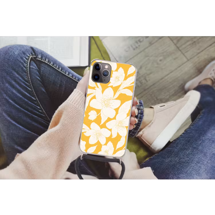 Bloemen - Patroon - Geel - Wit Hoesje iPhone 12 Pro met koord klein -hand