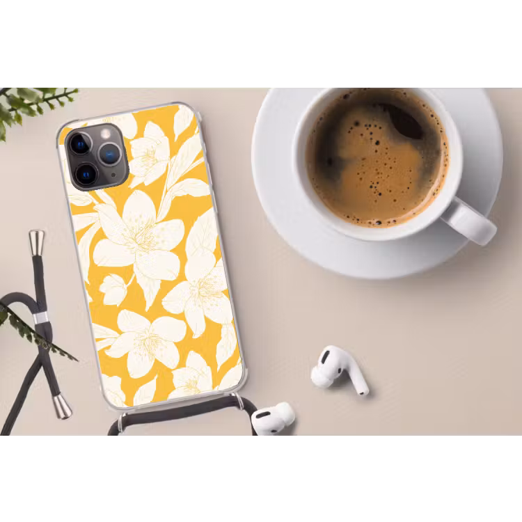 Bloemen - Patroon - Geel - Wit Hoesje iPhone 12 Pro met koord klein -oordop