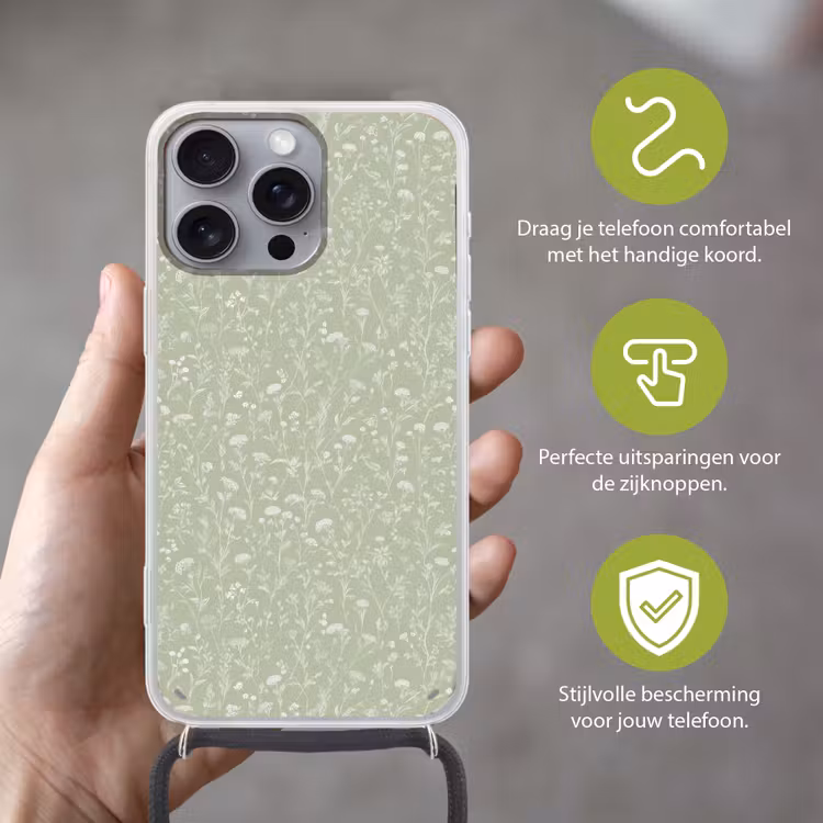 Bloemen - Patroon - Groen Hoesje iPhone 16 Pro Max met koord klein 804 -sfeer2_NL