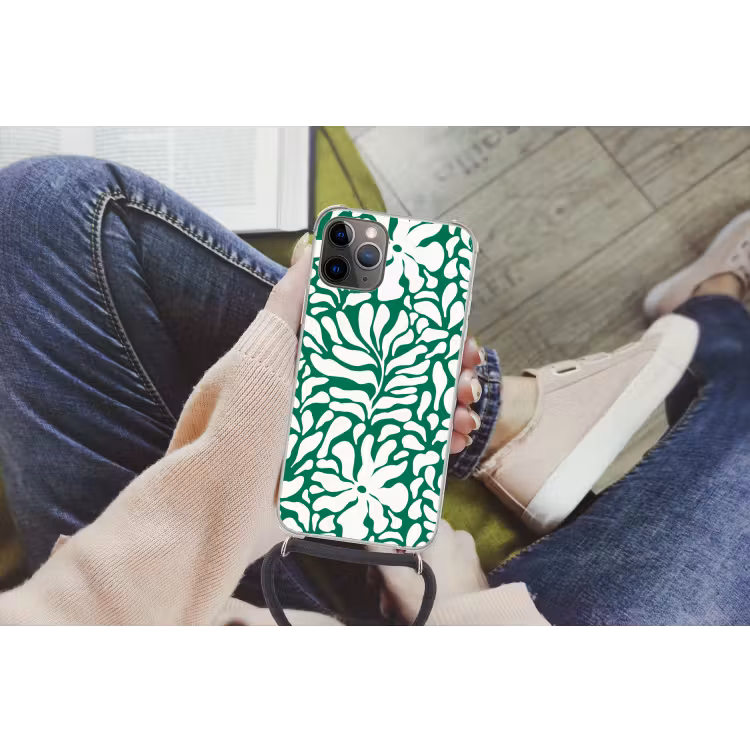 Bloemen patroon - Groen - Wit - Print Hoesje iPhone 12 Pro met koord klein -hand