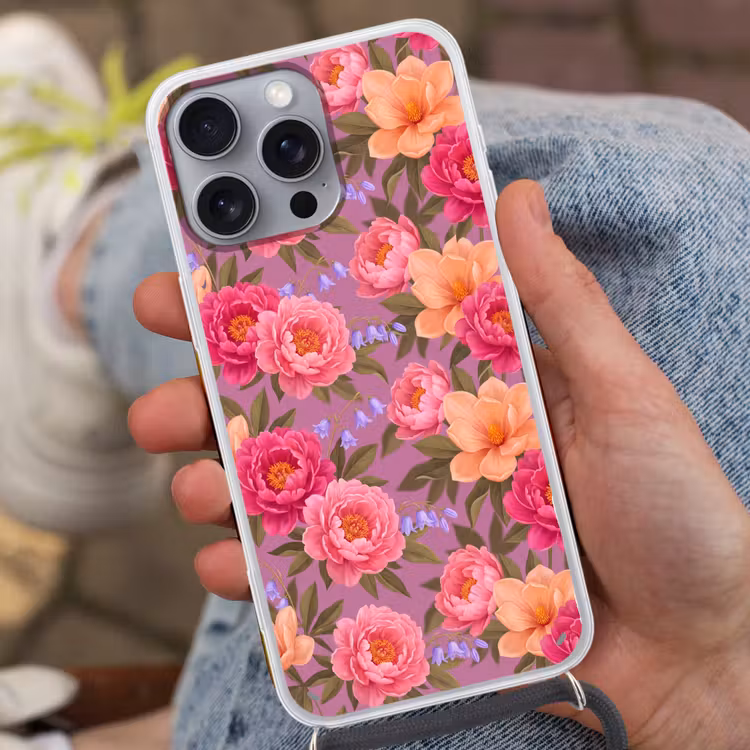 Bloemen - Patroon - Illustratie - Roze Hoesje iPhone 16 Pro Max met koord klein -sfeer3