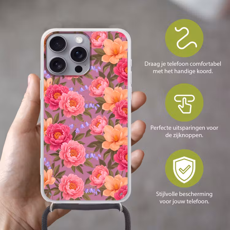 Bloemen - Patroon - Illustratie - Roze Hoesje iPhone 16 Pro Max met koord klein -sfeer2_NL