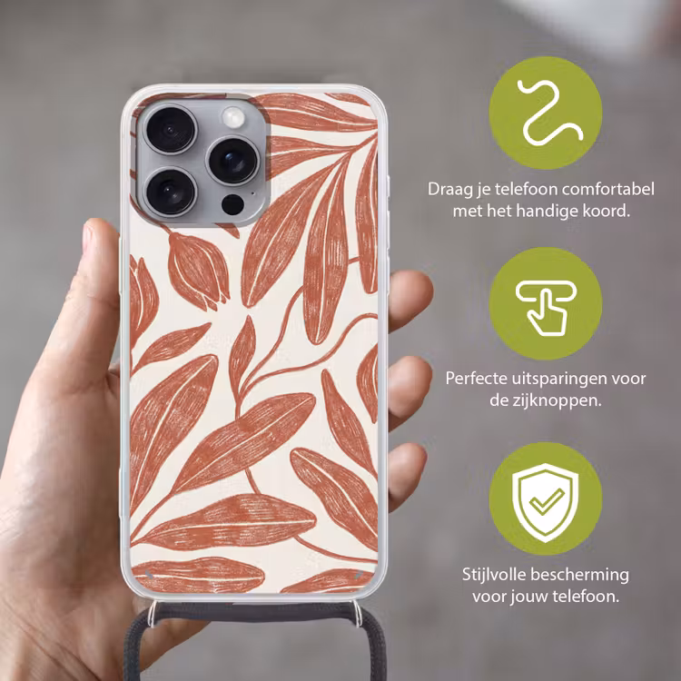 Bloemen - Patroon - Modern - Natuur - Bruin Hoesje iPhone 16 Pro Max met koord klein -sfeer2_NL
