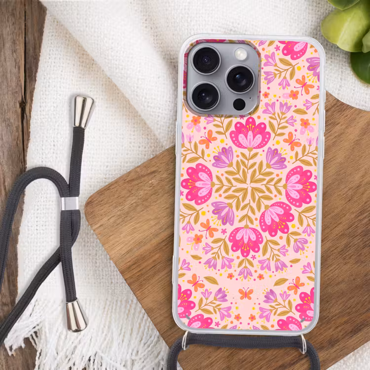 Bloemen - Patroon - Natuur - Abstract - Roze Hoesje iPhone 16 Pro Max met koord klein -sfeer4