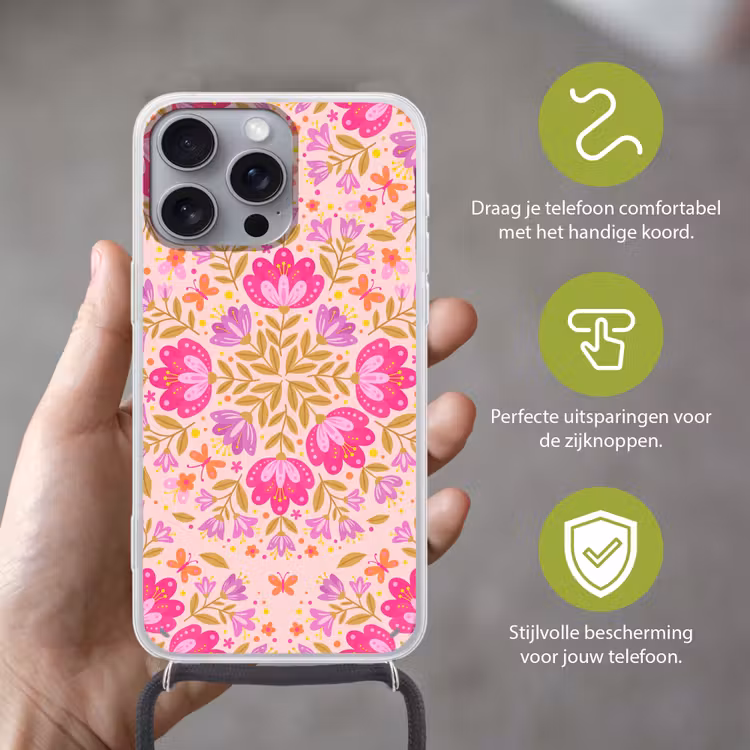 Bloemen - Patroon - Natuur - Abstract - Roze Hoesje iPhone 16 Pro Max met koord klein -sfeer2_NL