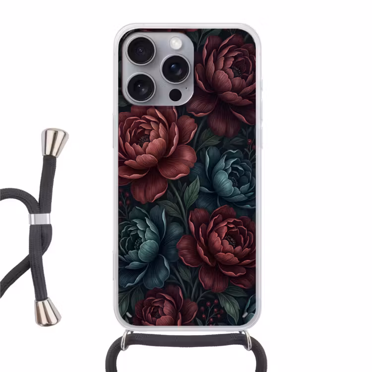 Bloemen - Patroon - Natuur - Klassiek - Donker Hoesje iPhone 16 Pro Max met koord klein -3d