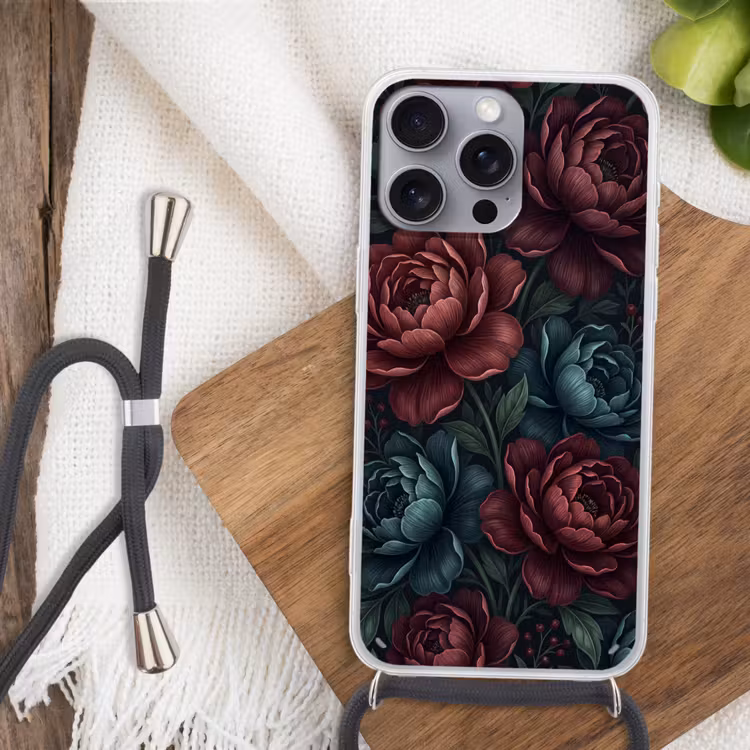 Bloemen - Patroon - Natuur - Klassiek - Donker Hoesje iPhone 16 Pro Max met koord klein -sfeer4