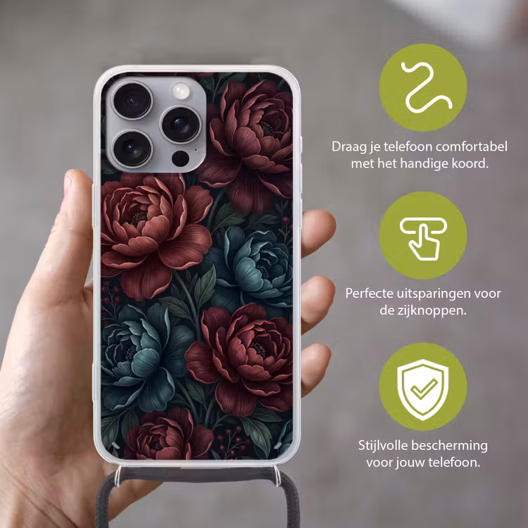 Bloemen - Patroon - Natuur - Klassiek - Donker Hoesje iPhone 16 Pro Max met koord klein -sfeer2_NL
