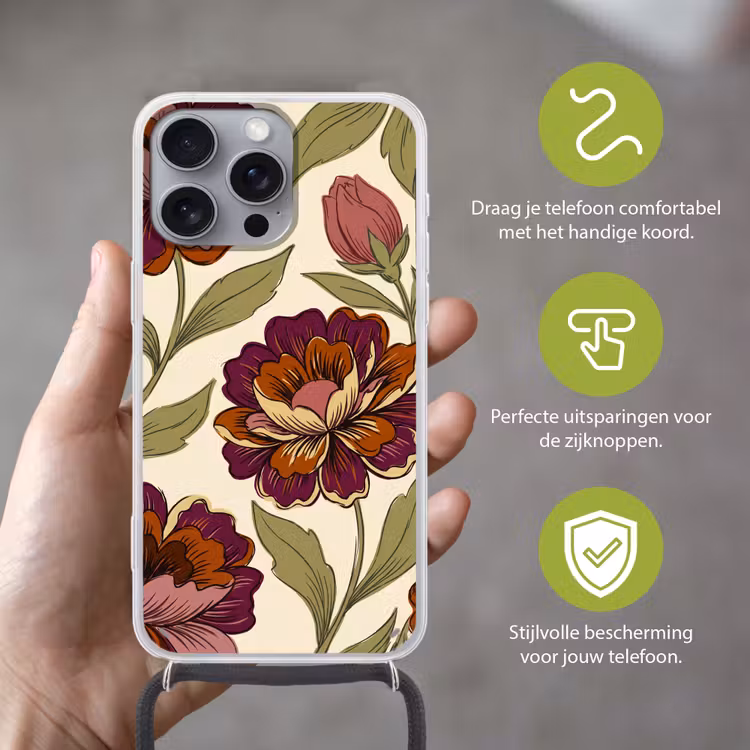 Bloemen - Patroon - Natuur - Modern - Paars Hoesje iPhone 16 Pro Max met koord klein -sfeer2_NL