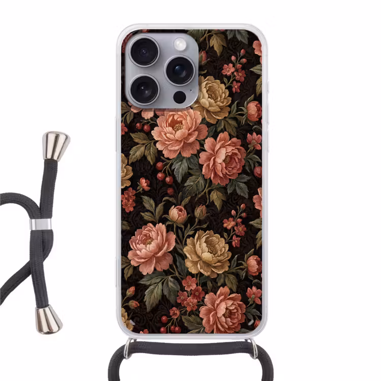 Bloemen - Patroon - Natuur - Vintage - Roze Hoesje iPhone 16 Pro Max met koord klein -3d