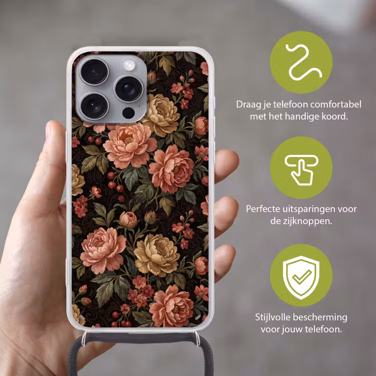 Bloemen - Patroon - Natuur - Vintage - Roze Hoesje iPhone 16 Pro Max met koord klein -sfeer2_NL