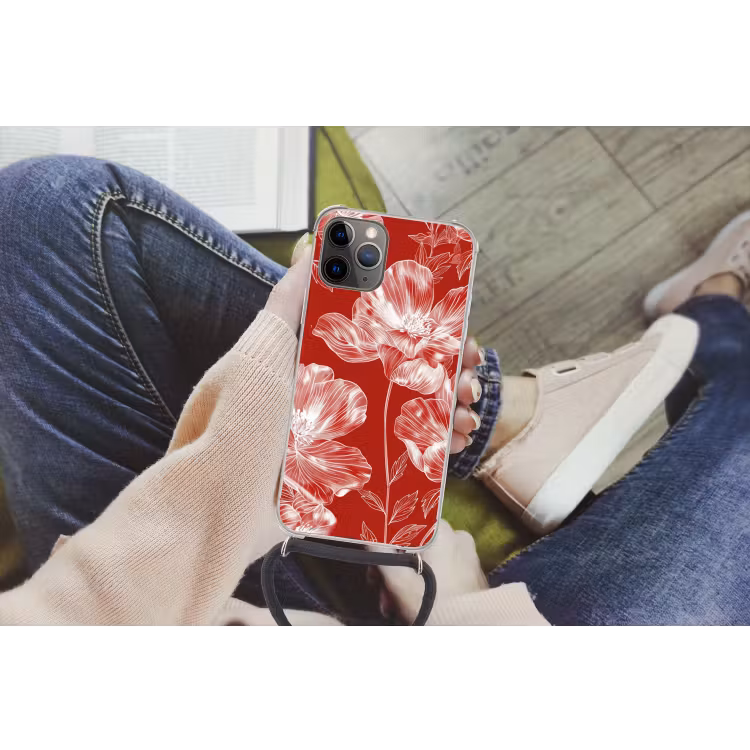 Bloemen - Patroon - Rood - Wit Hoesje iPhone 12 Pro met koord klein -hand