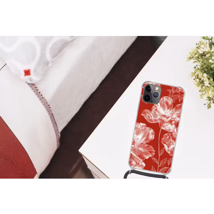 Bloemen - Patroon - Rood - Wit Hoesje iPhone 12 Pro met koord klein -kamer