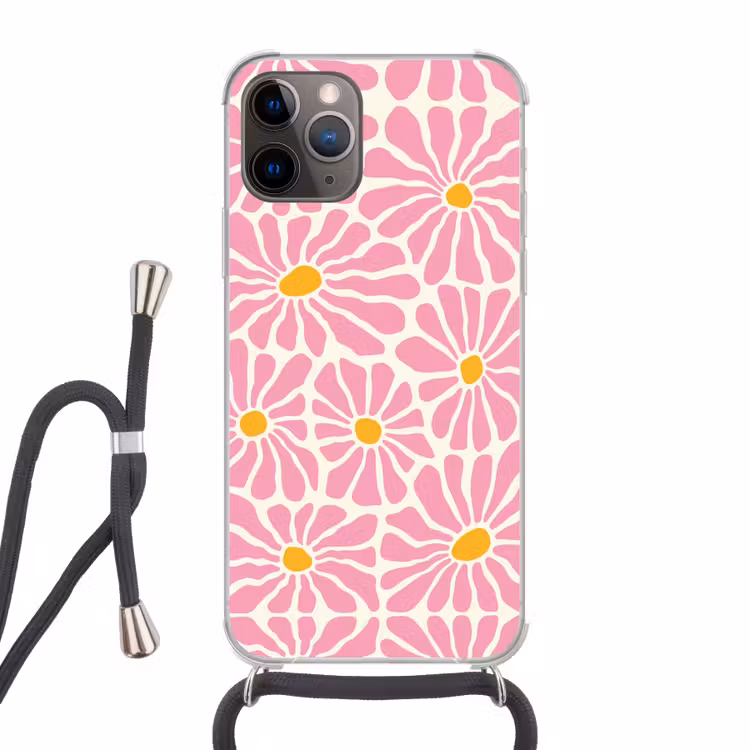 Bloemen - Patroon - Roze - Beige - Oranje Hoesje iPhone 12 Pro met koord klein -3d