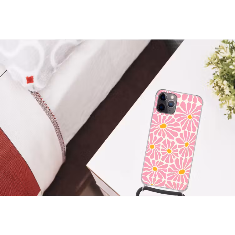 Bloemen - Patroon - Roze - Beige - Oranje Hoesje iPhone 12 Pro met koord klein -kamer