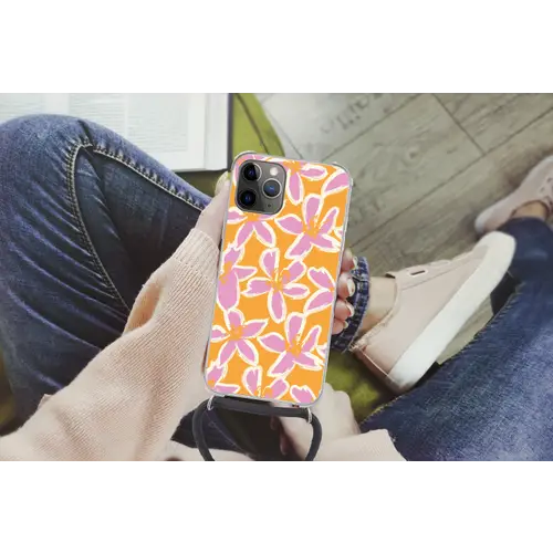 Bloemen - Patroon - Roze - Oranje Hoesje iPhone 12 Pro met koord klein -hand