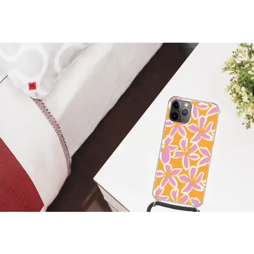 Bloemen - Patroon - Roze - Oranje Hoesje iPhone 12 Pro met koord klein -kamer