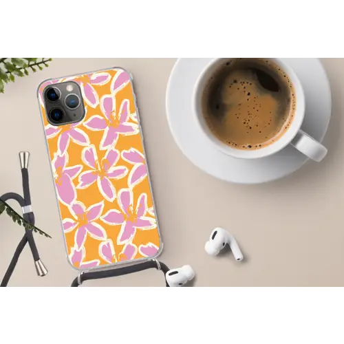 Bloemen - Patroon - Roze - Oranje Hoesje iPhone 12 Pro met koord klein -oordop
