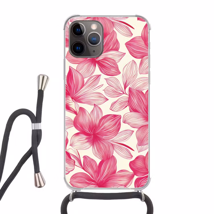 Bloemen - Patroon - Roze - Wit Hoesje iPhone 12 Pro met koord klein -3d
