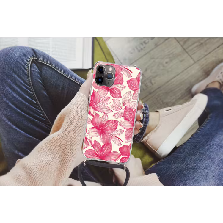 Bloemen - Patroon - Roze - Wit Hoesje iPhone 12 Pro met koord klein -hand